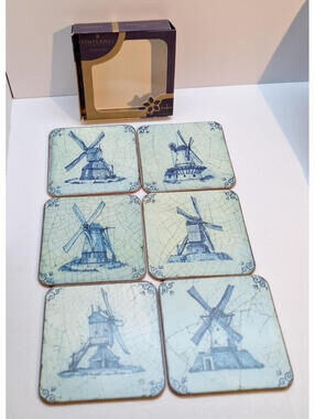 6 Vintage Deluxe Coasters by Pimpernel - Windmill - Made in England Delft Blue